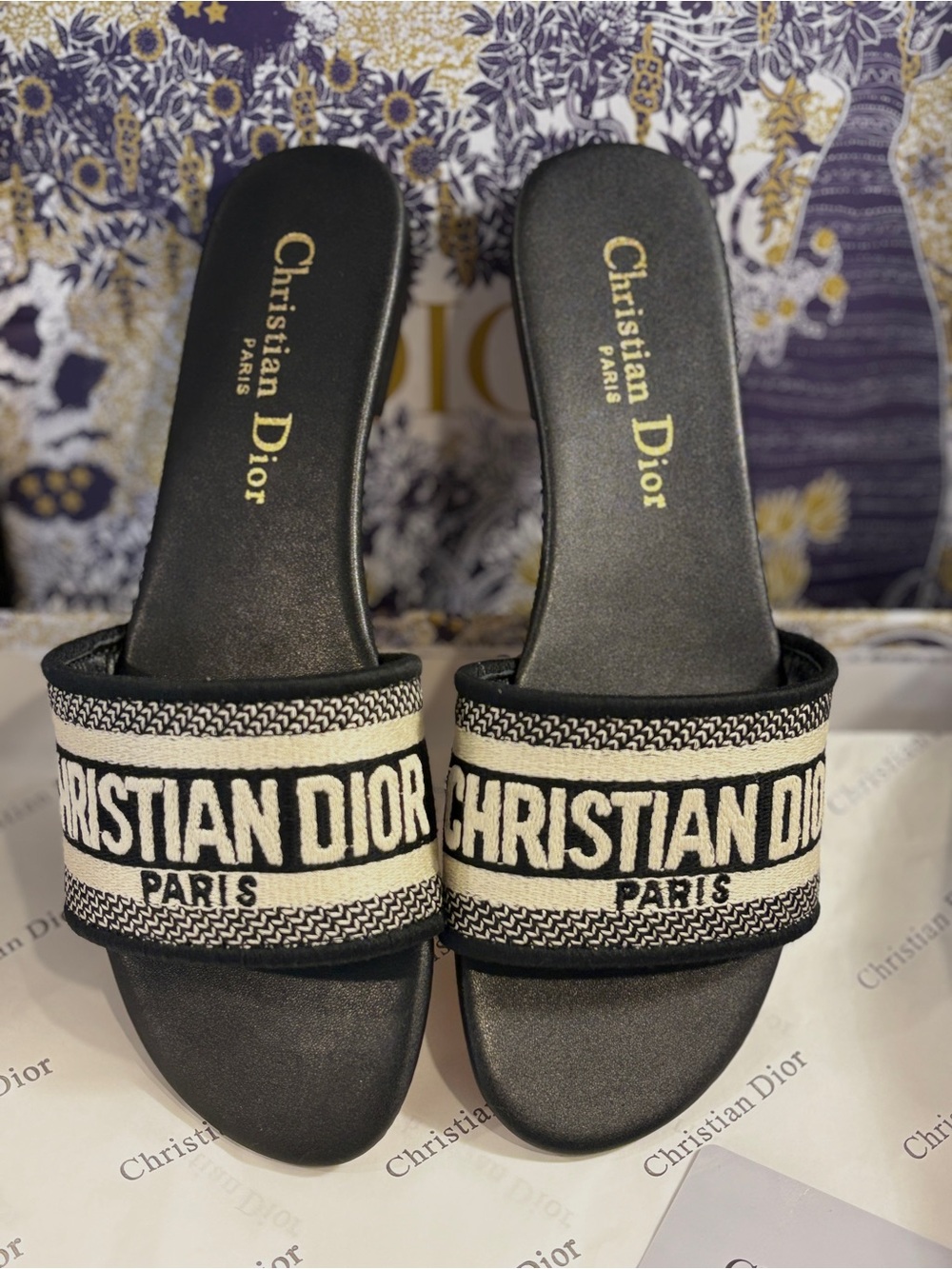 Dior Black and Cream Logo Slide Sandals